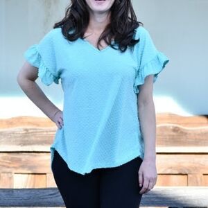 Perfect Peach Mint Swiss Dot Ruffle Sleeve Top - Buttery Soft - Size Small